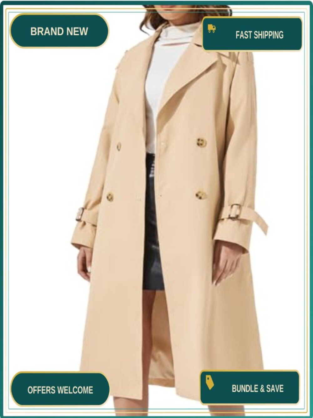 Women's Double Breasted Long Trench Coat Windproof Classic Lapel Side Pocket